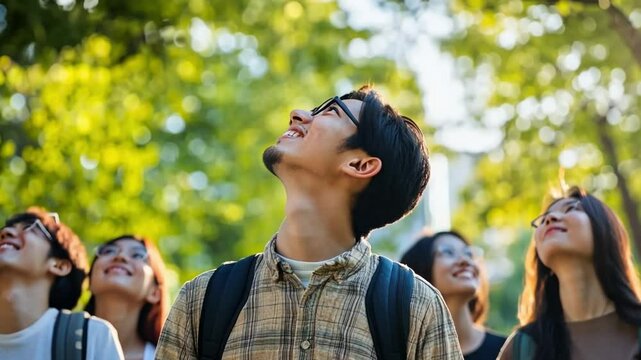 Dreamy Reverie: A Group Gazes at the Sky - A collective of young individuals pause, their eyes lifted toward the canopy of green, immersed in contemplation under a vibrant, verdant sky. 
