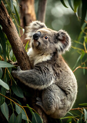 Fototapeta premium koala bear tree branch eucalyptus leaves fluffy 