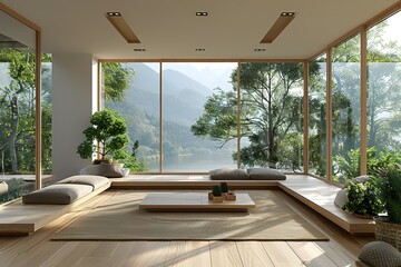 modern living room with sleek minimalist furniture, neutral colors, large windows, natural light pouring in, and indoor plants