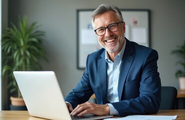 Happy middle-aged businessman working laptop in office. Smiling manager or CEO in blue suit. Portrait of cheerful pro at workplace. Successful entrepreneur or executive.