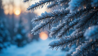 Frosted Pine Branch, Soft Sunlight, Winter Forest Scene, Blue Hues.