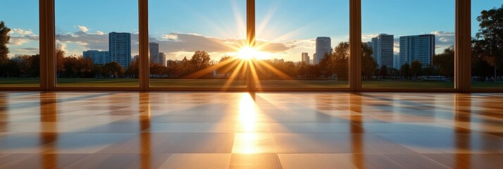 Sunrise Cityscape Through Large Windows on Polished Hardwood Flooring