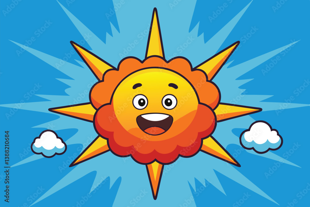 Poster cheerful explosion with smiling cloud and colorful rays conveying excitement and energy in a playful