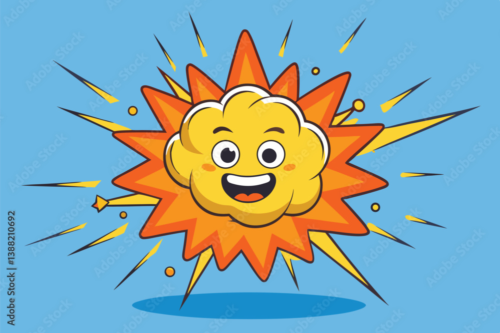 Poster cheerful explosion with smiling cloud and colorful rays conveying excitement and energy in a playful