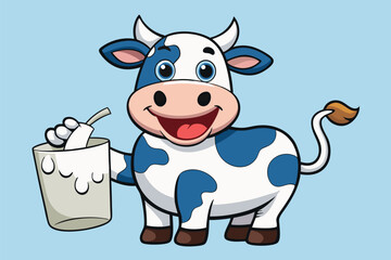 Fototapeta premium Happy cartoon cow holding a glass of milk against a light blue background showcasing joyful farm life and dairy production