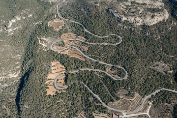 Aerial view of a winding country road in Catalonia