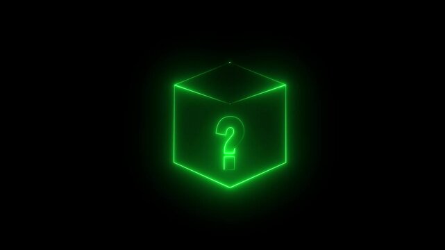Neon glowing square frame on black background with question mark icon. Rectangular frame with moving line