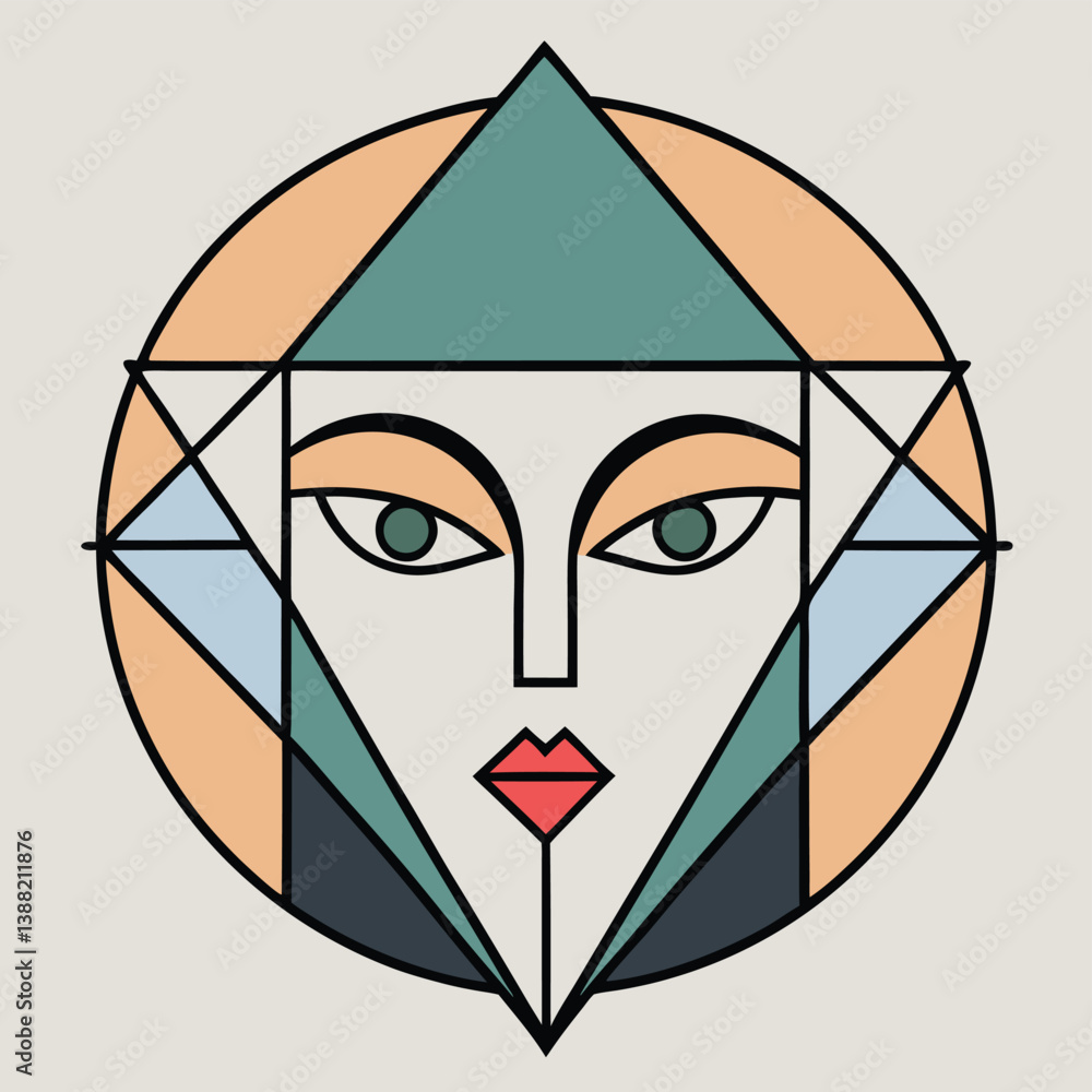 Poster artistic vector illustration of a geometric face design featuring unique shapes and colors in a circ