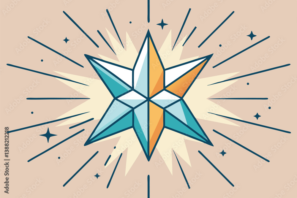 Poster modern geometric vector illustration featuring a colorful abstract star shape with rays extending ou