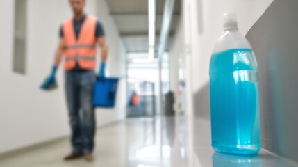 Toilet cleaner working in restroom