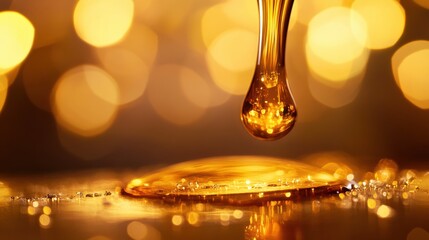Golden skincare oil drips onto radiant skin in warm lighting for deep hydration effect