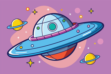 Colorful vector illustration of a planet surrounded by rings and moons in a whimsical outer space setting with stars and cosmic elements