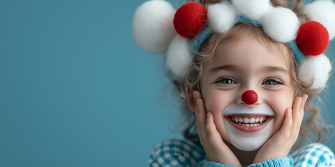 A young girl with a clown costume and a red nose is smiling