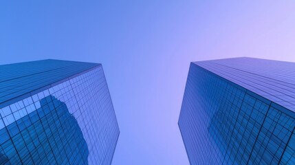 Modern skyscrapers against a clear sky.  Two high-rise glass office buildings rise towards the horizon