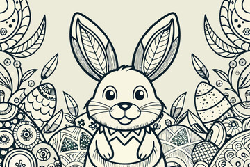 Cute bunny sits among decorated eggs and flowers during spring celebration, perfect for Easter festivities and coloring activities