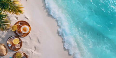 Fototapeta premium A beach scene with a few umbrellas and a few drinks on them