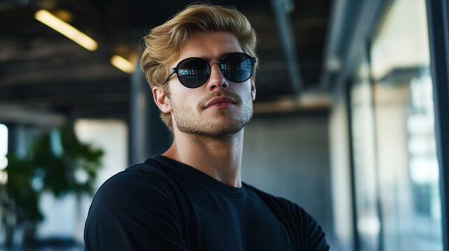 Junger blonder Gesch&auml;ftsmann mit Brille im B&uuml;ro