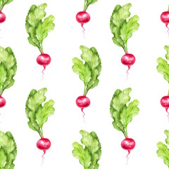 Hand-drawn radish with leaves, vegetable seamless pattern