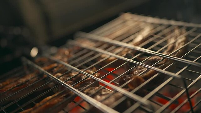 Meat is cooked on the grill, mutton on the grill, the process of cooking mutton on the grill