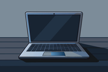 Vector illustration of an empty laptop on a desk against a dark background, perfect for technology themes and digital workspace concepts, highlighting modern communication and creativity