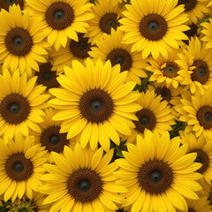 fresh sunny vibrant yellow sunflowers, close-up floral pattern, dense arrangement