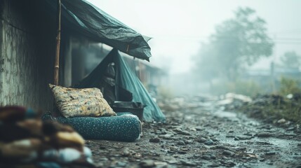 Poverty-stricken Tent City in Foggy Weather