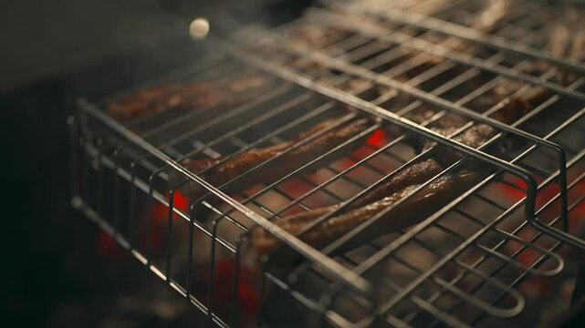 Meat is cooked on the grill, mutton on the grill, the process of cooking mutton on the grill