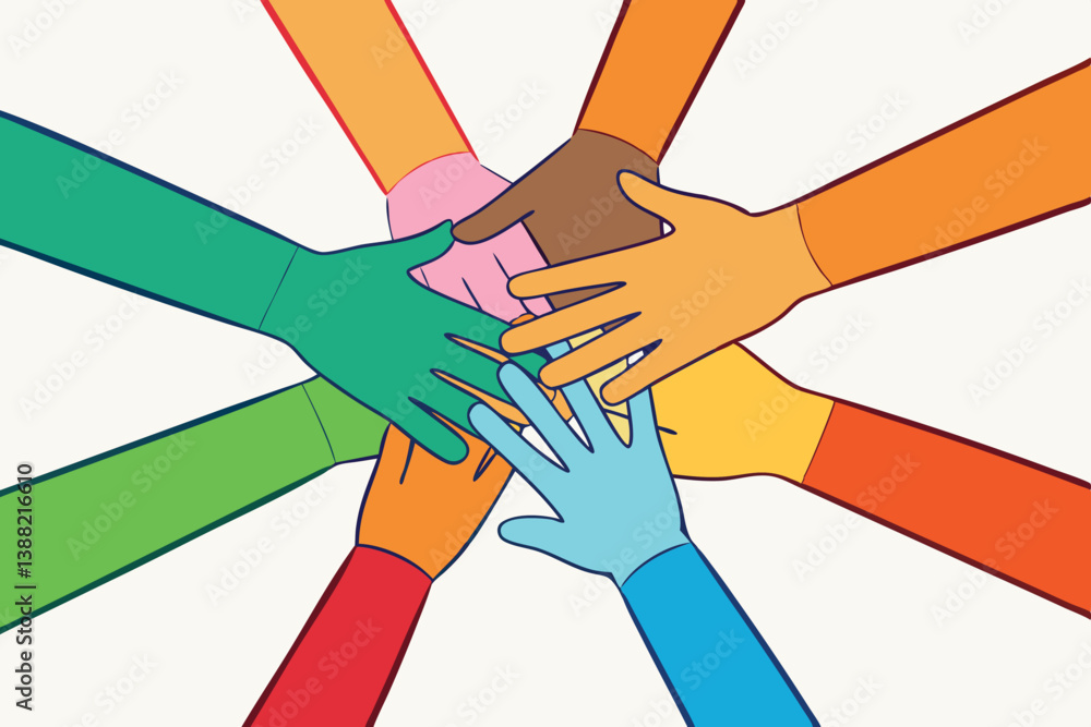 Poster collaboration and unity represented through diverse hands reaching toward each other in a colorful v