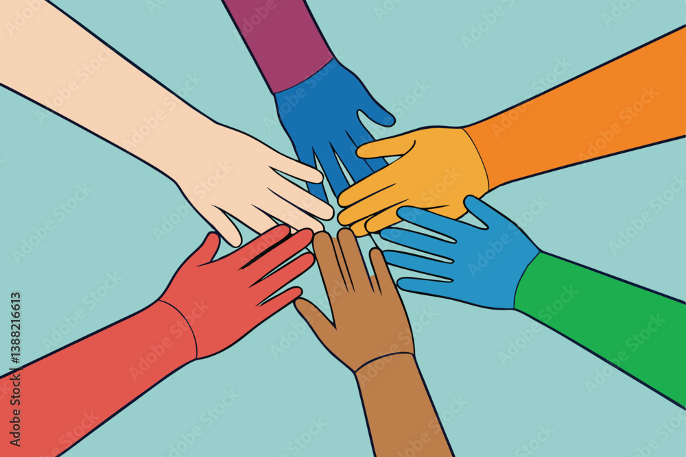 Aufkleber collaboration and unity represented through diverse hands reaching toward each other in a colorful v