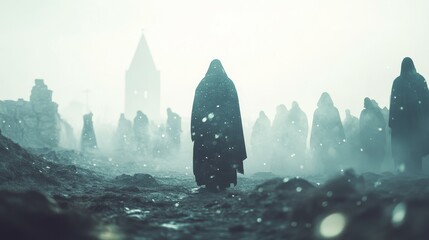 Silent Congregation in a Misty Ruin