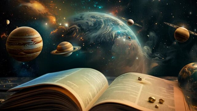 A magical open book transforms into a fantasy world, featuring a lush island with a tree, a hot air balloon in the sky, and a waterfall flowing from its pages, all set in a dreamy, surreal atmosphere