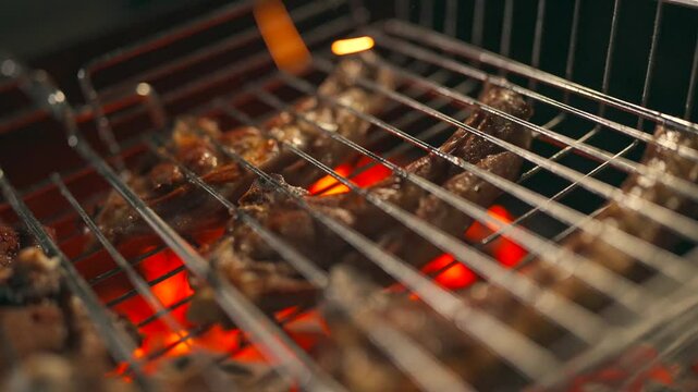 Meat is cooked on the grill, mutton on the grill, the process of cooking mutton on the grill