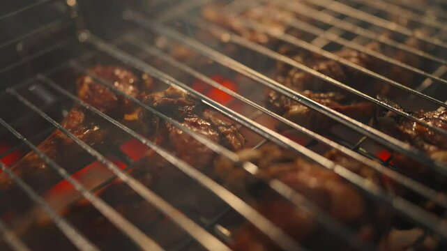 Meat is cooked on the grill, mutton on the grill, the process of cooking mutton on the grill