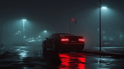 A dark car with glowing taillights parked on a wet street at night under streetlights in the rain