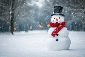 Obraz premium Snowman in snowy park, winter scene, festive, holiday