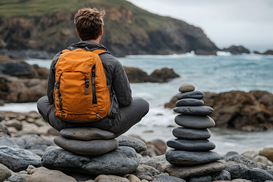 Tranquil Coastal Meditation Scene with Backpacker and Rock Cairns for Inner Peace Concept - Powered by Adobe