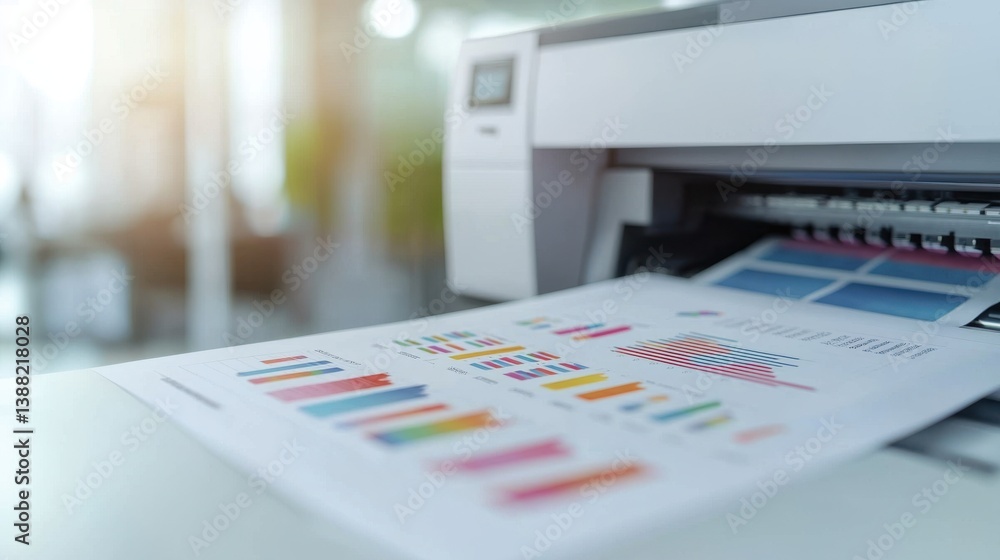 Poster a sleek printer ejects a colorful report filled with charts and graphs, showcasing a modern office e