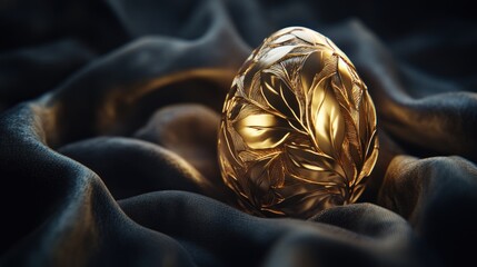 Golden Egg Resting on Dark Silky Fabric with Leaf Pattern