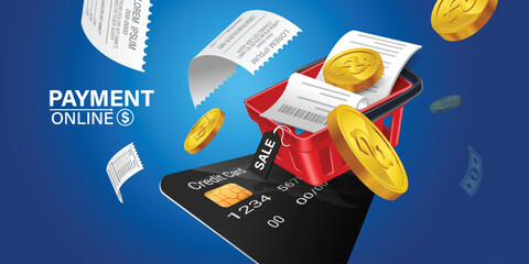 shopping basket Red on product bill. Smartphone with purchase icon on screen. Credit card payment on smartphone. Online shopping via mobile phone.shopping cart for online shopping concept,vector 3d