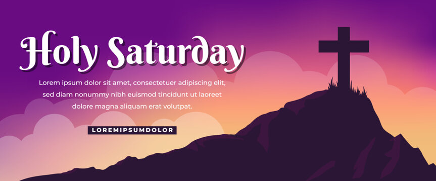 Holy Saturday religious background. A silhouette of a Christian cross stands in a hill against a gradient sunset sky. Usable for church events, religious social media posts, Easter promotions.