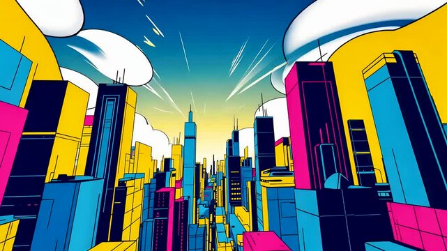 Colorful pop art style cityscape illustration with buildings and comic sky
