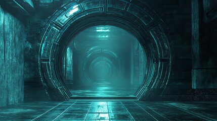 Illuminated portal leading to a distant corridor with a glowing turquoise light in a fantasy setting