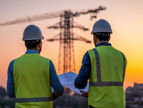 Two construction workers in safety gear review plans at sunset, with a crane and power lines in the background, symbolizing teamwork and industry.