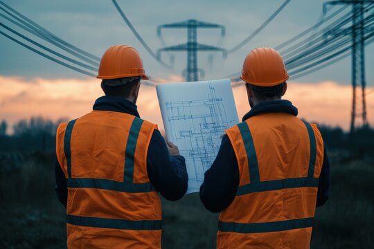 Two workers in safety gear study blueprints, silhouetted against a sunset backdrop with power lines, indicating planning for electrical infrastructure.
