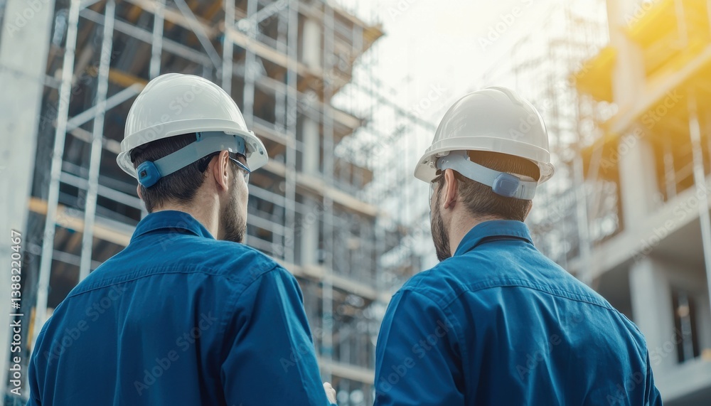 Poster two construction workers in hard hats observe a building site, highlighting teamwork and safety in t