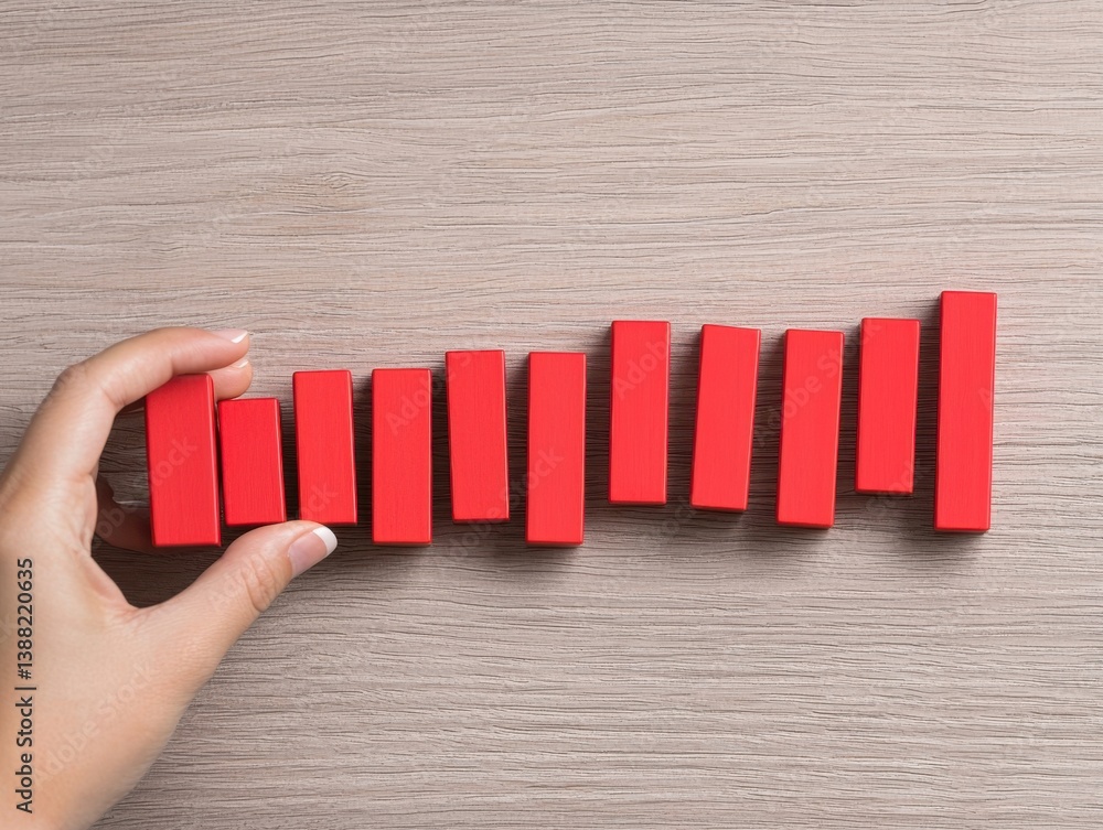 Poster a hand balances a series of red blocks arranged in a line on a wooden surface, illustrating stabilit