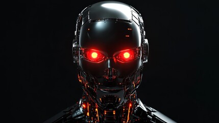 Close up of a metallic robot head with glowing red eyes against a dark black background