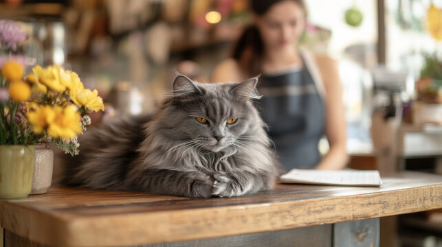 A content fluffy gray cat relaxes on a wooden table in a floral cafe, while a blurred woman in an apron writes nearby, illustrating a cozy small business setting