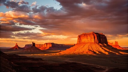 A breathtaking sunset illuminates towering rock formations in a vast desert landscape, creating a dramatic interplay of light and shadows.