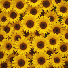 Bright Lively Vibrant Yellow Sunflowers, Close-Up Floral Pattern, Dense Arrangement
